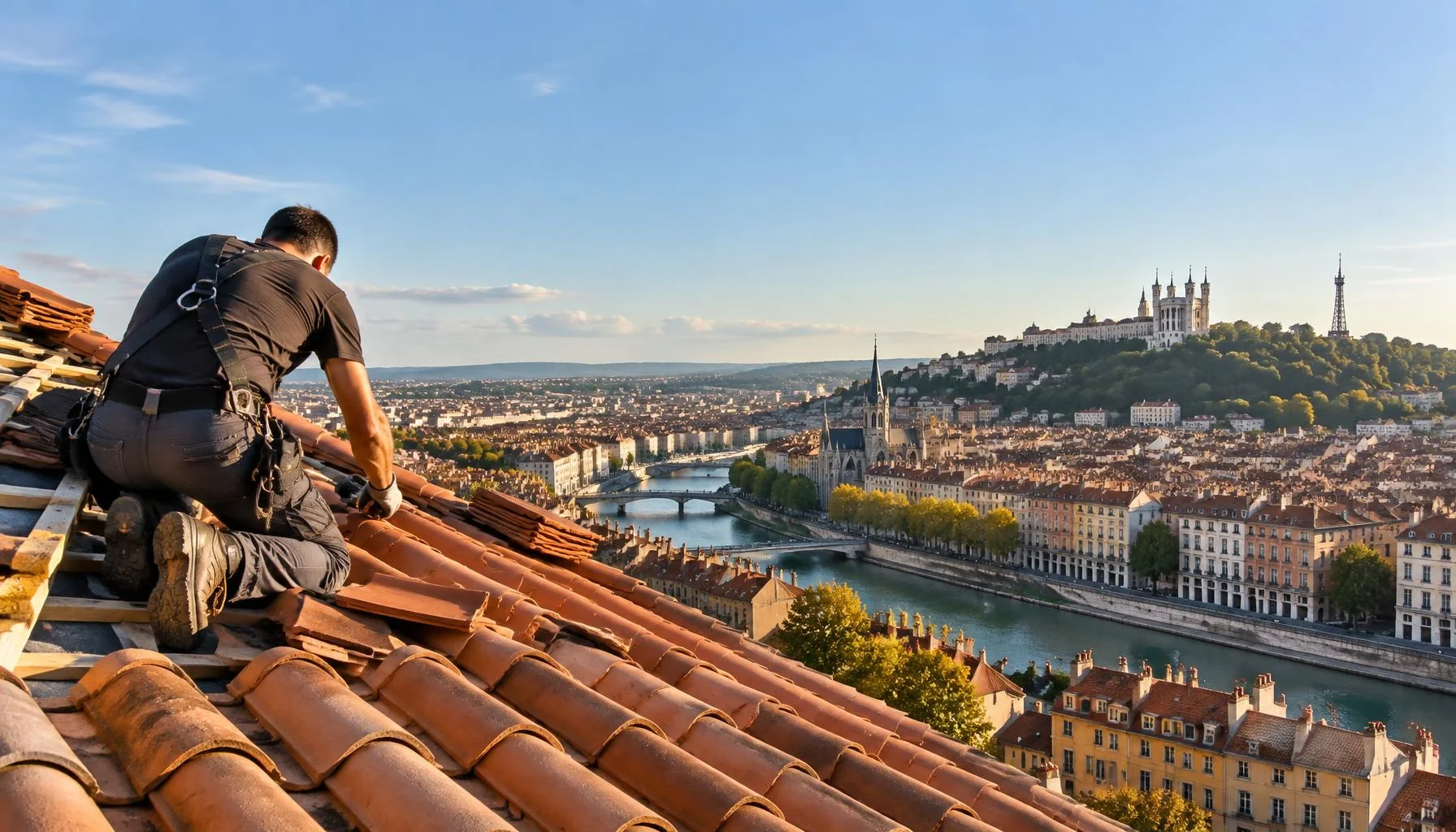 Couvreur sur un toit de tuiles avec un panorama de Lyon et de Fourvière